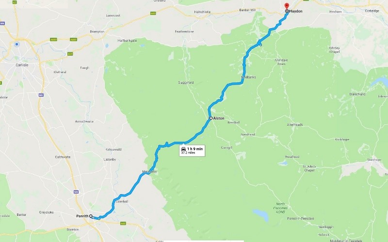 Great drive map of Penrith in Cumbria to Haydon Bridge in the North East