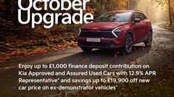 October Upgrade Enjoy up to £1,000 finance deposit contribution on Kia Approved and Assured Used Cars with 12.9% APR Representative* Terms and conditions apply