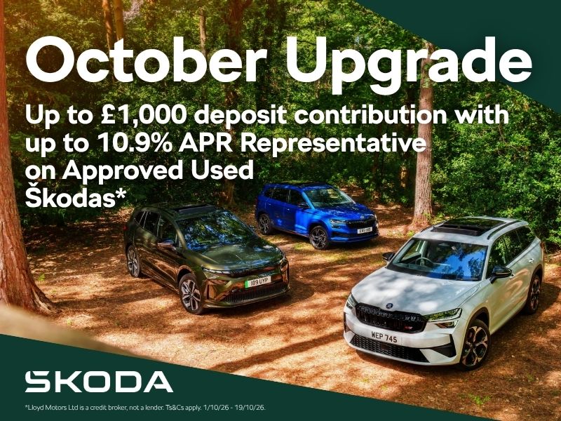 October Upgrade up to £1,000 deposit contribution with 12.9% APR Representative on Approved Used Skodas*