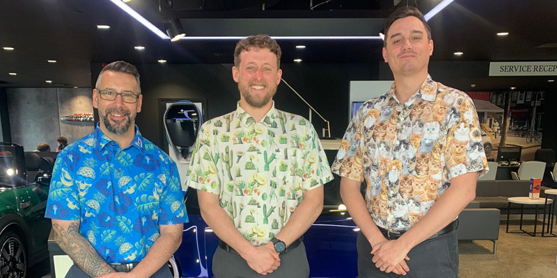 Ian Bell, Jamie Bingley and Mike Brown at Lloyd Carlisle MINI donning their silly shirts.