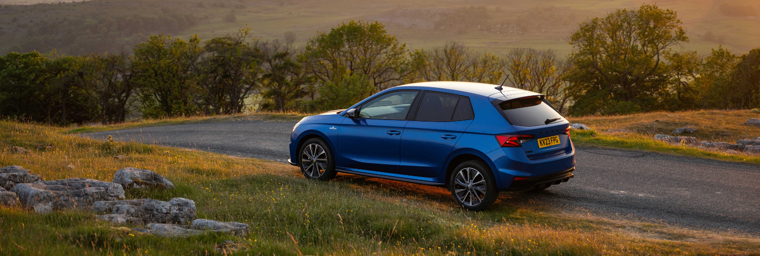 Skoda Fabia in nature landscape at sunset