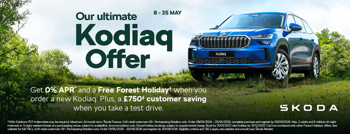 Škoda Kodiaq SUV promotion offering 0% APR and a free Forest Holiday, running 8–17 May.