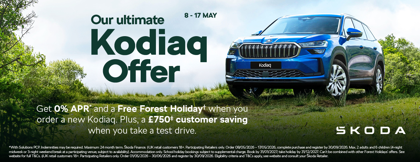 Škoda Kodiaq SUV promotion offering 0% APR and a free Forest Holiday, running 8–17 May.