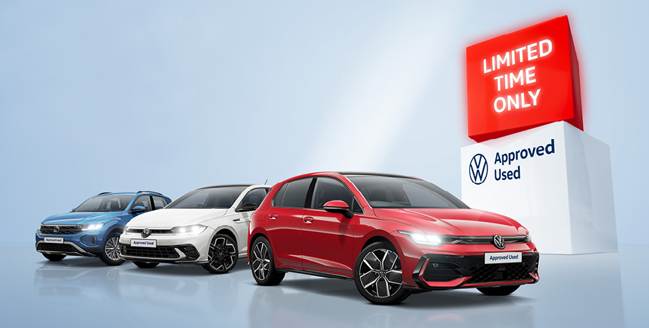 Three Volkswagen Approved Used cars displayed against a light blue background — a blue T-Roc SUV, a white Polo, and a red Golf GTI in the foreground — alongside a red and white branded block displaying the text "Limited Time Only" above the Volkswagen Approved Used logo.