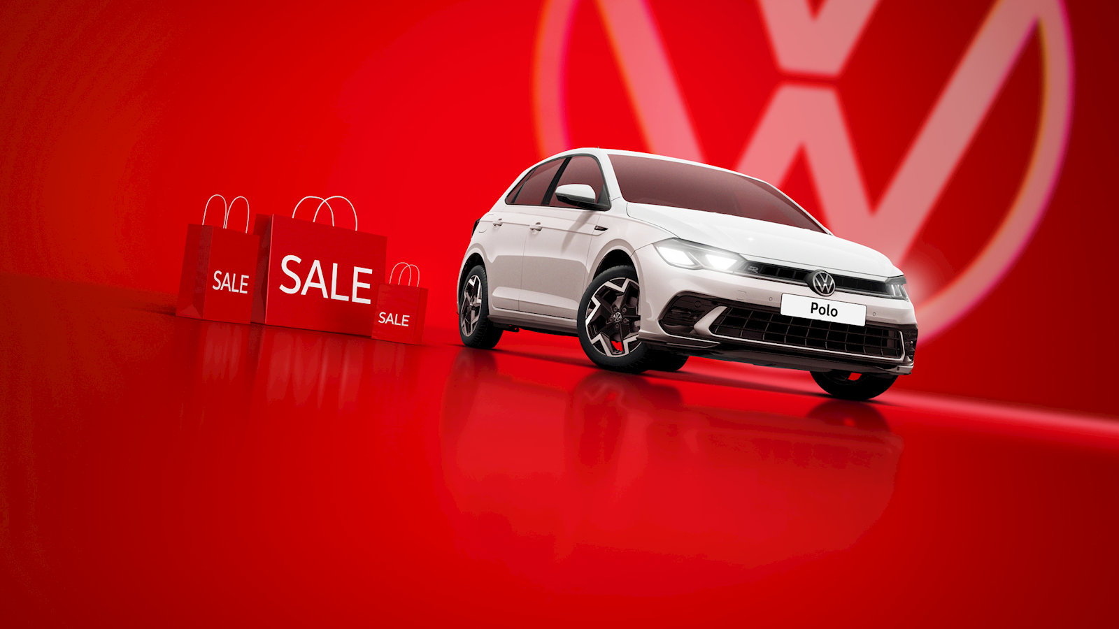 A white Volkswagen Polo against a bold red background, surrounded by red sale shopping bags.
