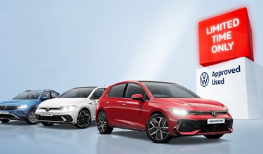 Three Volkswagen Approved Used cars displayed against a light blue background — a blue T-Roc SUV, a white Polo, and a red Golf GTI in the foreground — alongside a red and white branded block displaying the text "Limited Time Only" above the Volkswagen Approved Used logo.