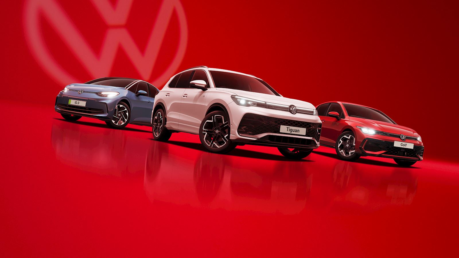 Line up of Volkswagen cars on a gradient red background with the Volkswagen logo at low transparency in the top right