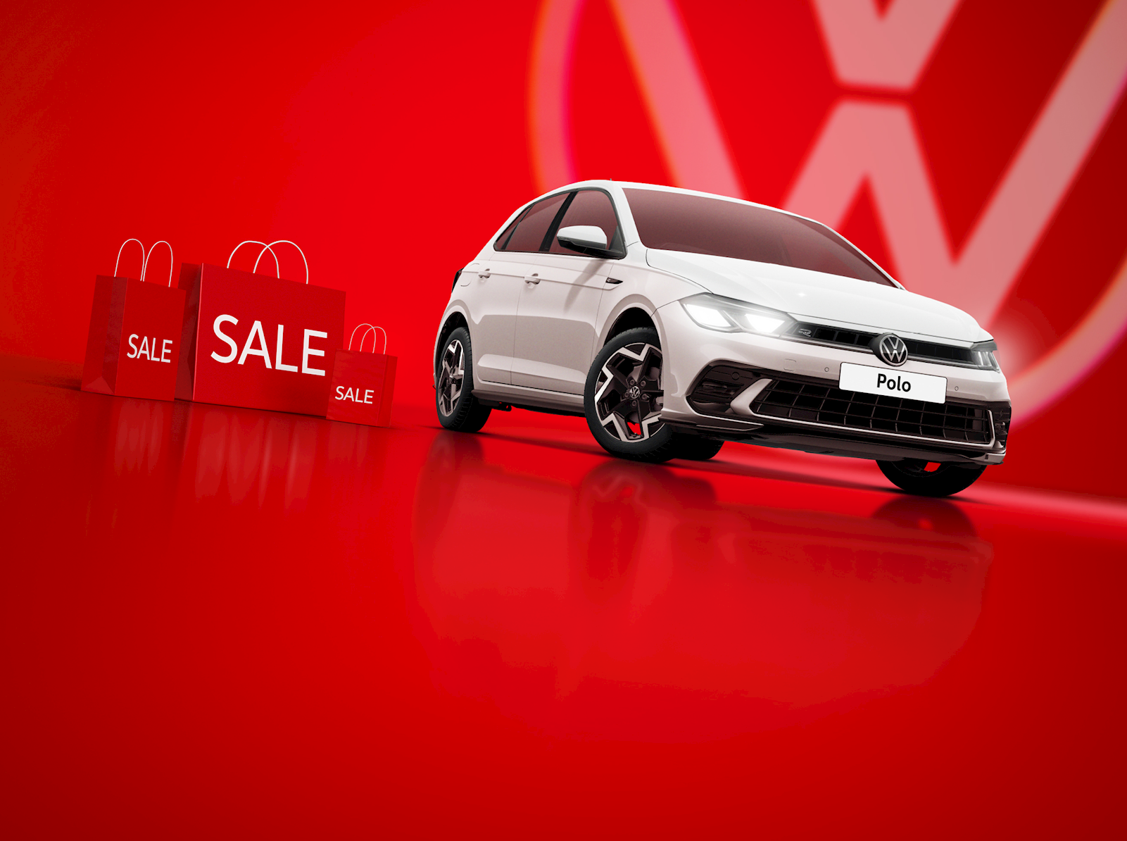 A white Volkswagen Polo against a bold red background, surrounded by red sale shopping bags.