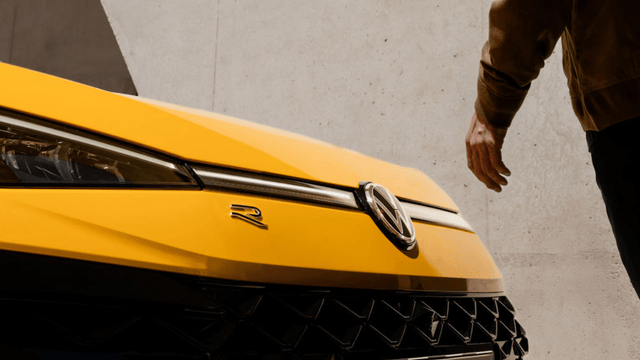 Close up of the front of yellow T-Roc